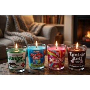 NEW Candy Scented 3oz Candles Smarties,Junior Mints,Fluffly Stuff,Tootsie Roll